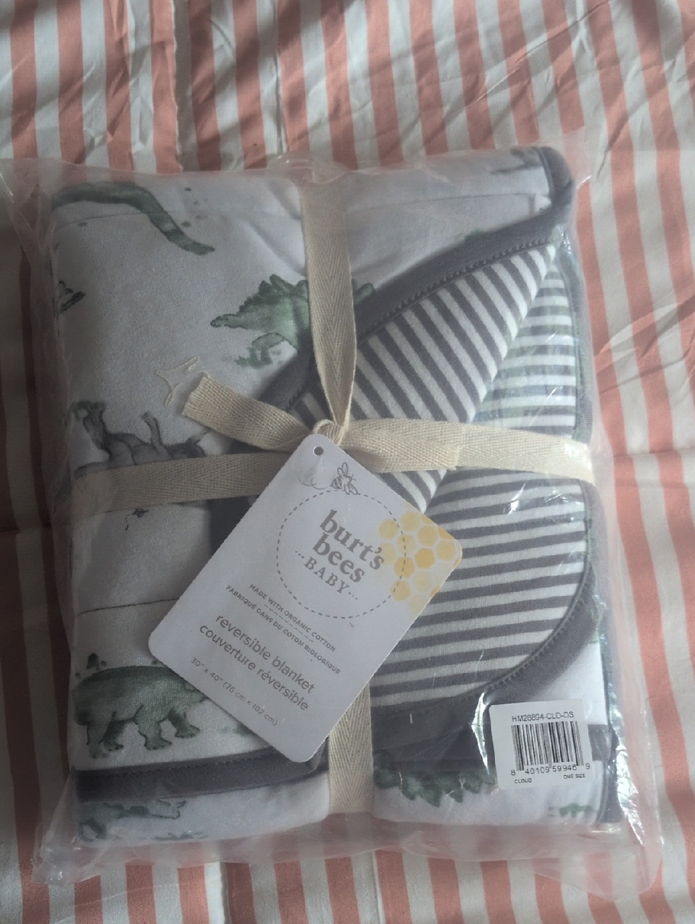 Burt's Bees Baby Green Dinosaur Reversible Blanket with Gray Stripe